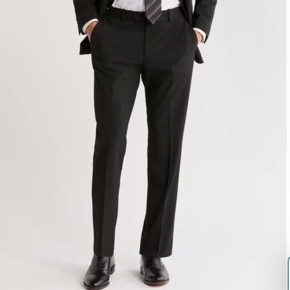 Nordstrom Rack Mens Trim Fit Dress Pants Black 38x32 Stretch Flat Front Trousers